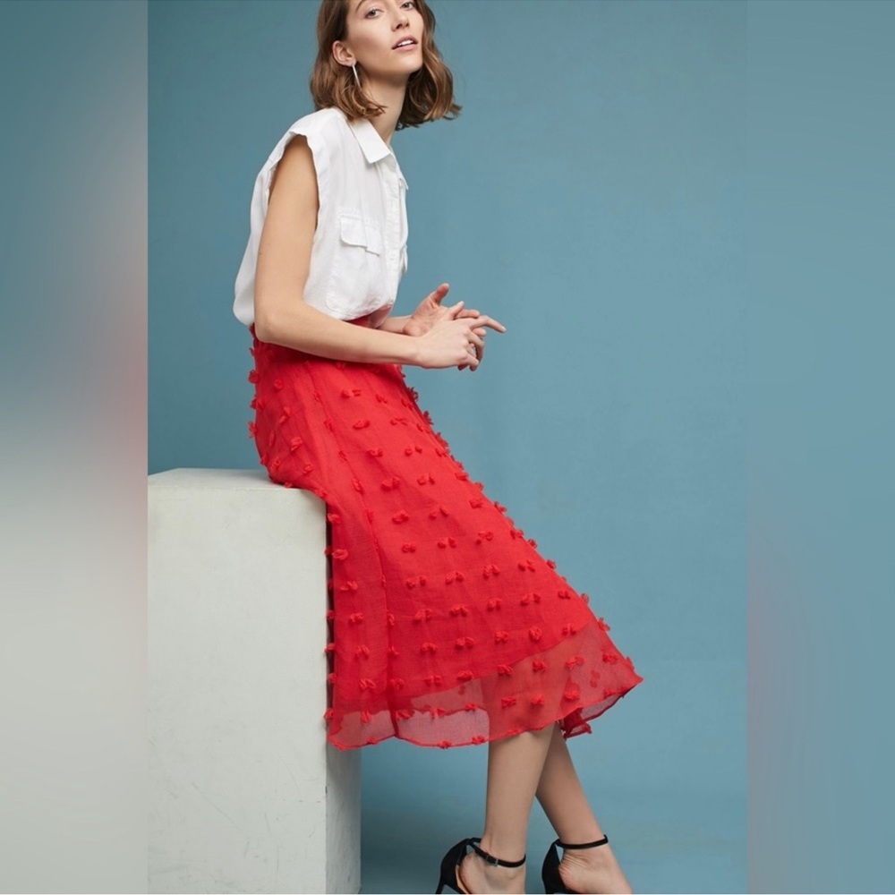 Anthropologie Marlowe M Red Ruffled Eyelash  Midi Skirt Design Style Keepers